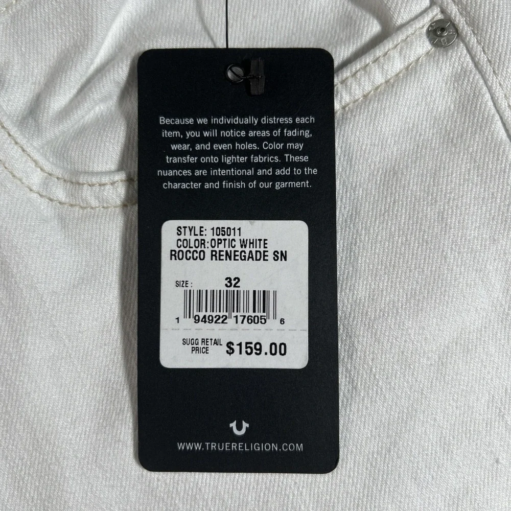 True Religion Jeans Men's 32x33 White Rocco Relaxed Skinny NWT‎ Stretch Denim